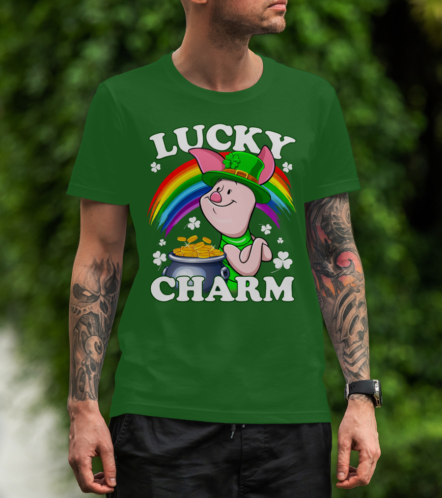 Lucky Charm With Piglet In Leprechaun Hat And Rainbow T-Shirt