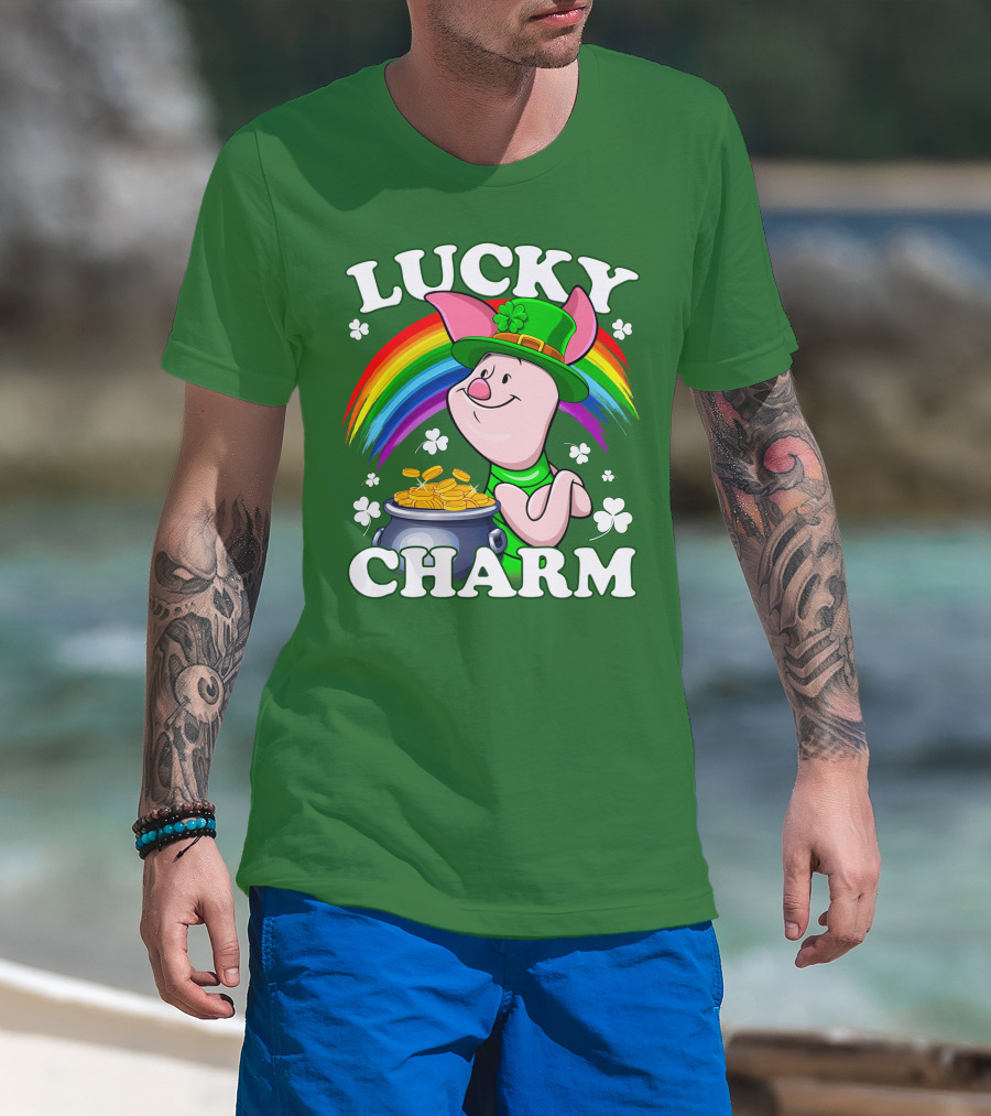 Lucky Charm With Piglet In Leprechaun Hat And Rainbow T-Shirt