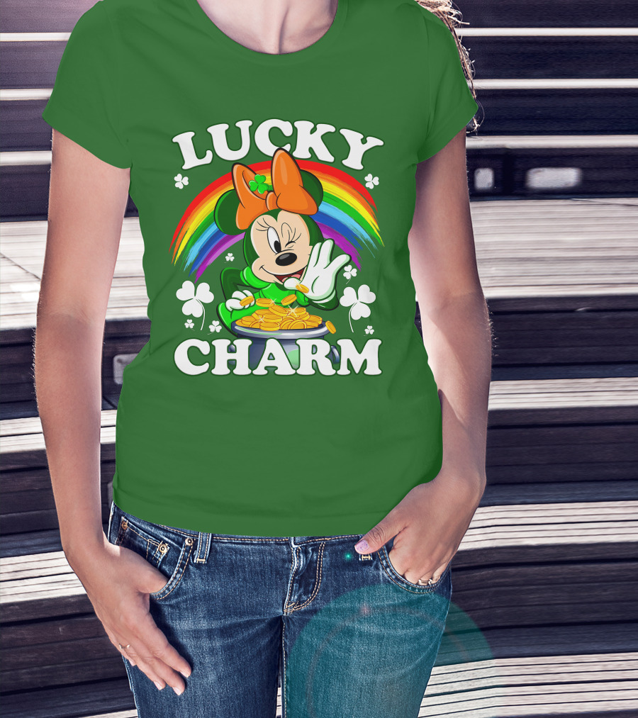 Lucky Charm Rainbow Minnie With Pot Of Gold And Shamrocks T-Shirt