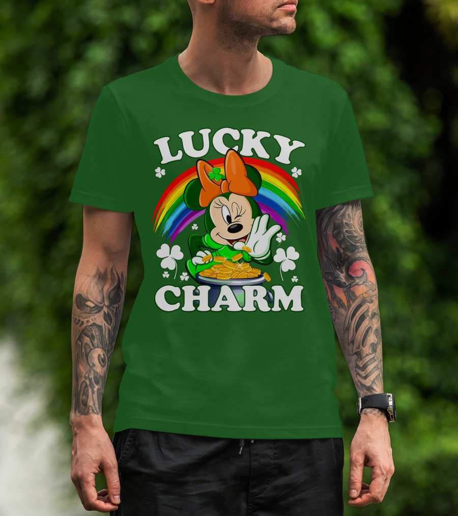 Lucky Charm Rainbow Minnie With Pot Of Gold And Shamrocks T-Shirt