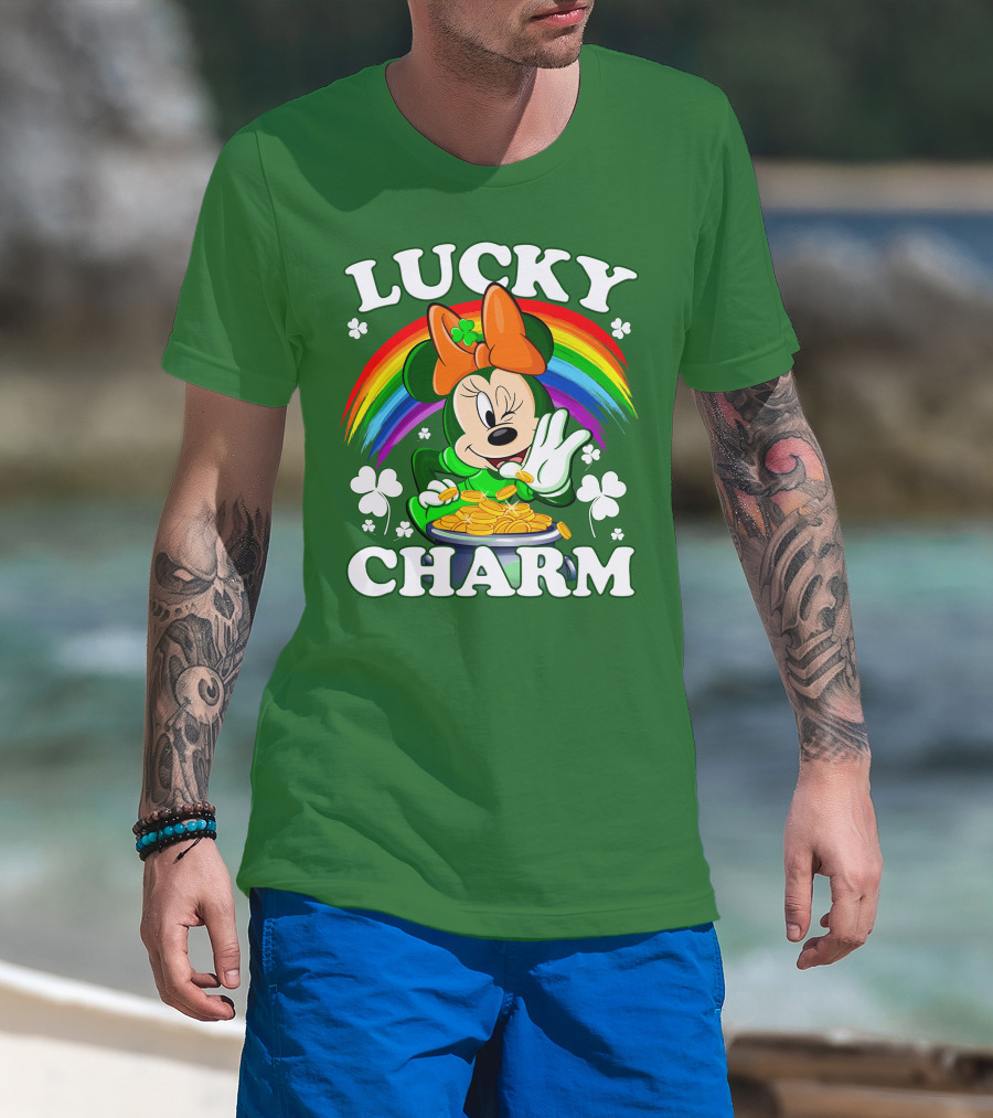 Lucky Charm Rainbow Minnie With Pot Of Gold And Shamrocks T-Shirt