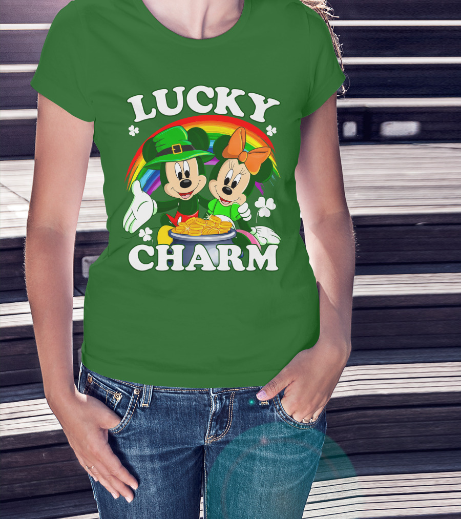 Lucky Charm Mickey And Minnie Rainbow Shamrock Coins T-Shirt
