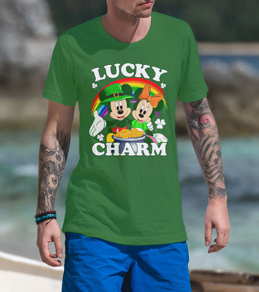 Lucky Charm Mickey And Minnie Rainbow Shamrock Coins T-Shirt