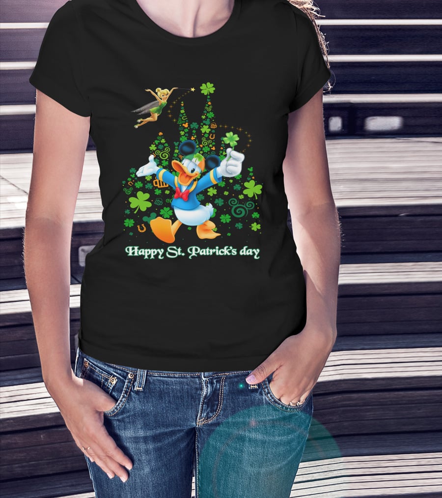 Happy St. Patrick's Day Donald And Tinkerbell With Shamrocks And Castle T-Shirt