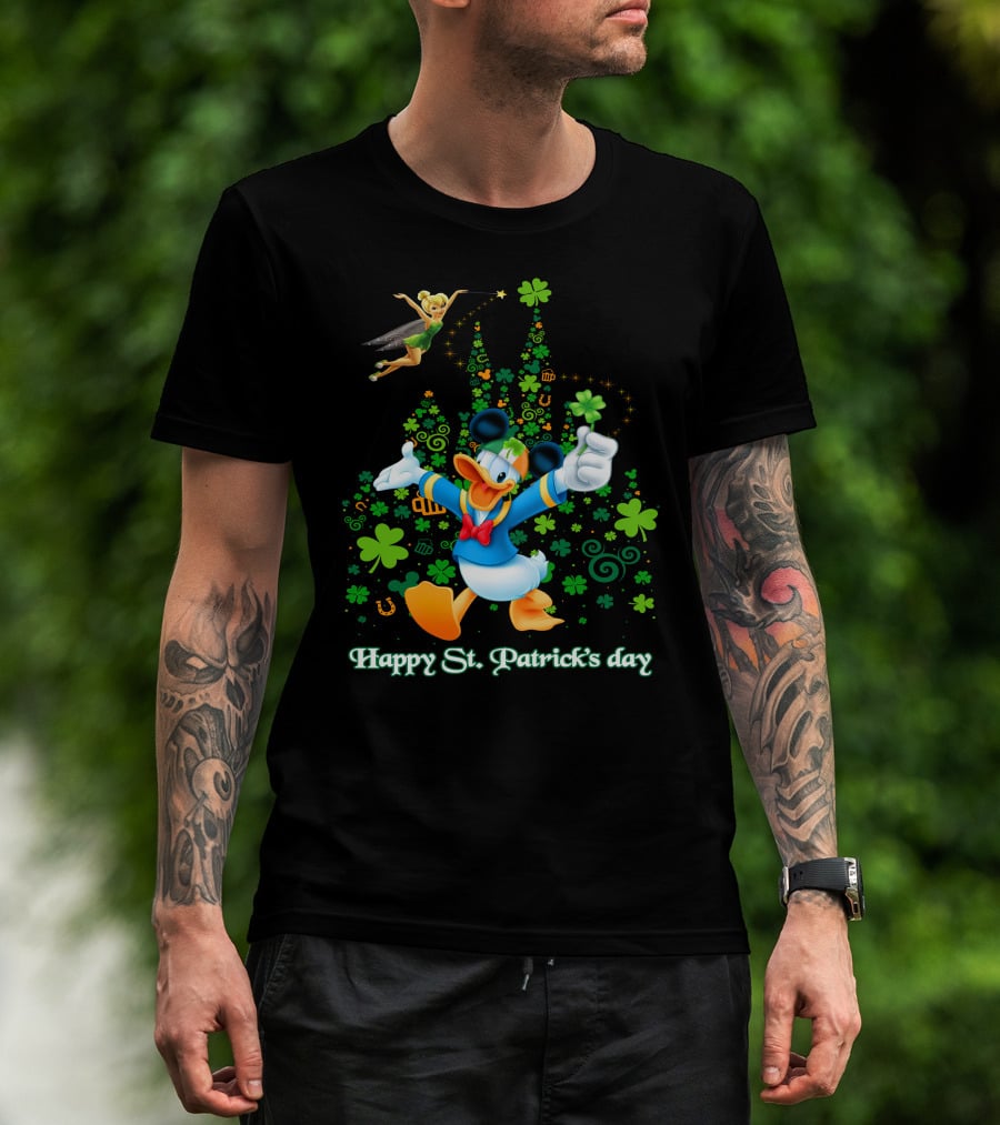 Happy St. Patrick's Day Donald And Tinkerbell With Shamrocks And Castle T-Shirt