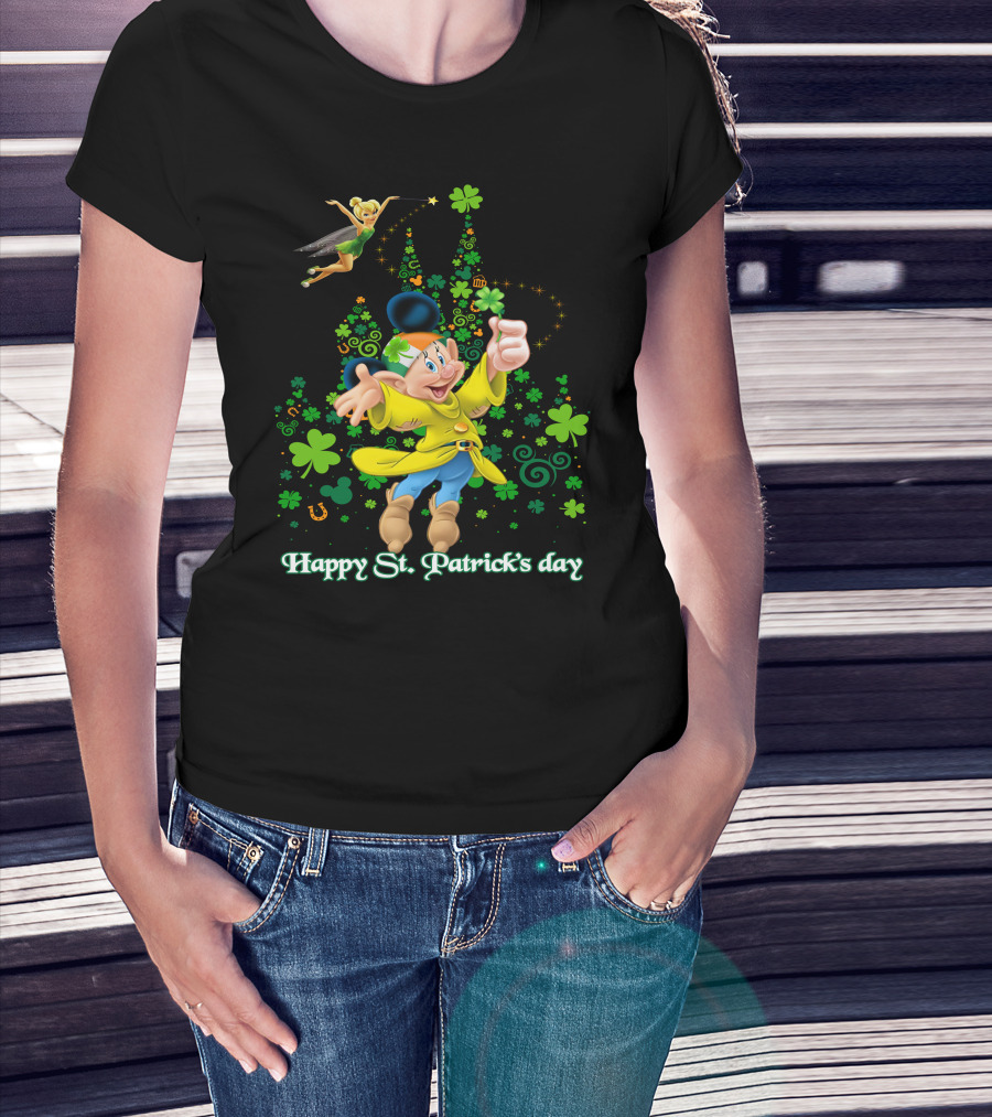 Happy St. Patrick's Day Dopey Disney Character With Tinker Bell And Clovers T-Shirt