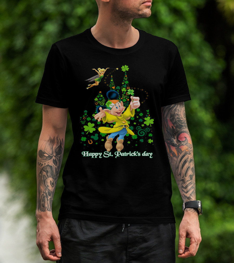 Happy St. Patrick's Day Dopey Disney Character With Tinker Bell And Clovers T-Shirt