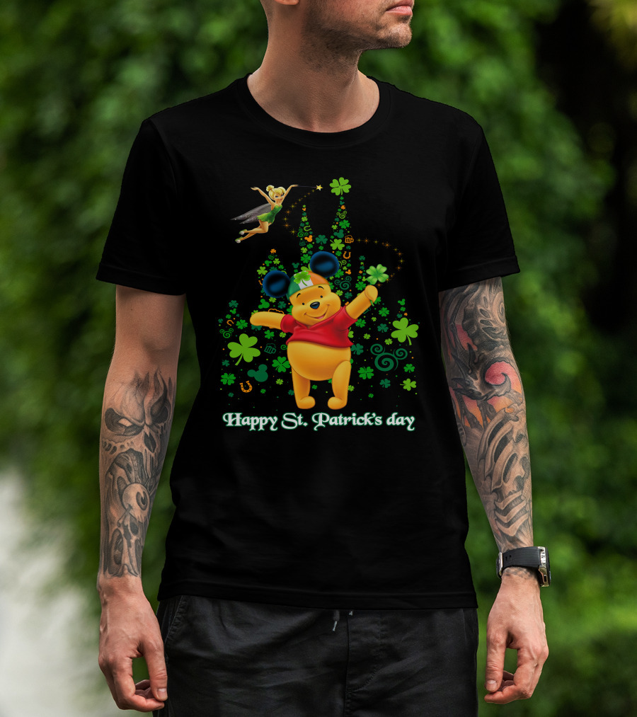 Happy St. Patrick's Day Pooh And Tinker Bell With Mickey Ears And Shamrocks T-Shirt