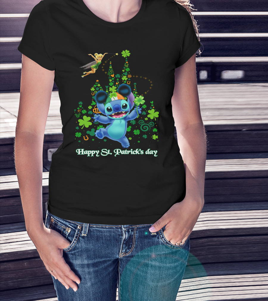 Stitch And Tinkerbell Happy St. Patrick's Day With Shamrocks And Irish Colors T-Shirt