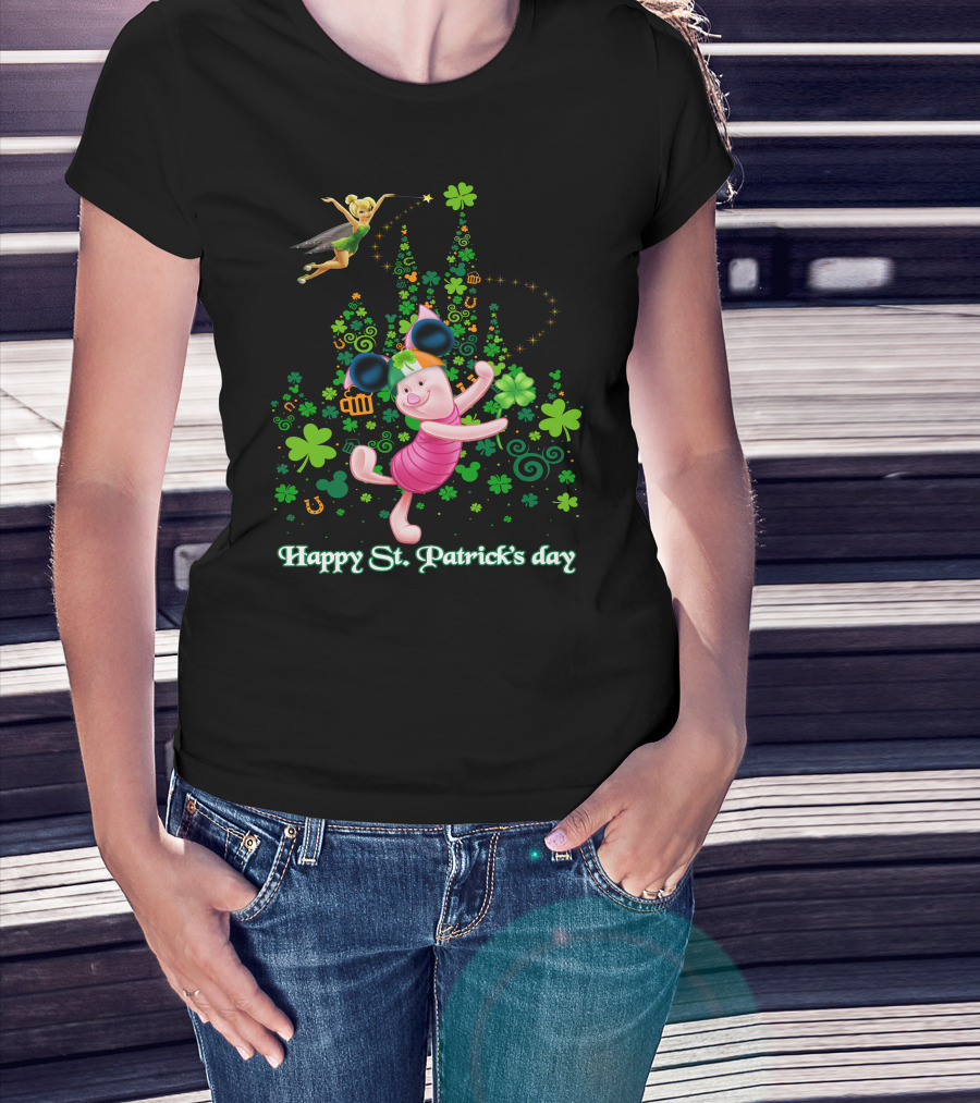 Happy St. Patrick's Day Piglet Tinker Bell Mickey Ears Shamrock Castle T-Shirt