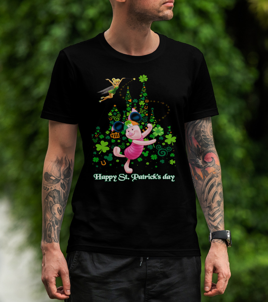Happy St. Patrick's Day Piglet Tinker Bell Mickey Ears Shamrock Castle T-Shirt