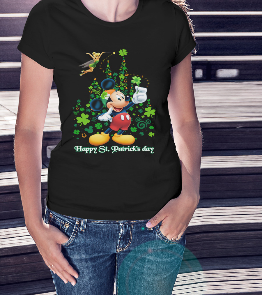 Mickey Happy St. Patrick's Day With Tinker Bell And Shamrocks T-Shirt