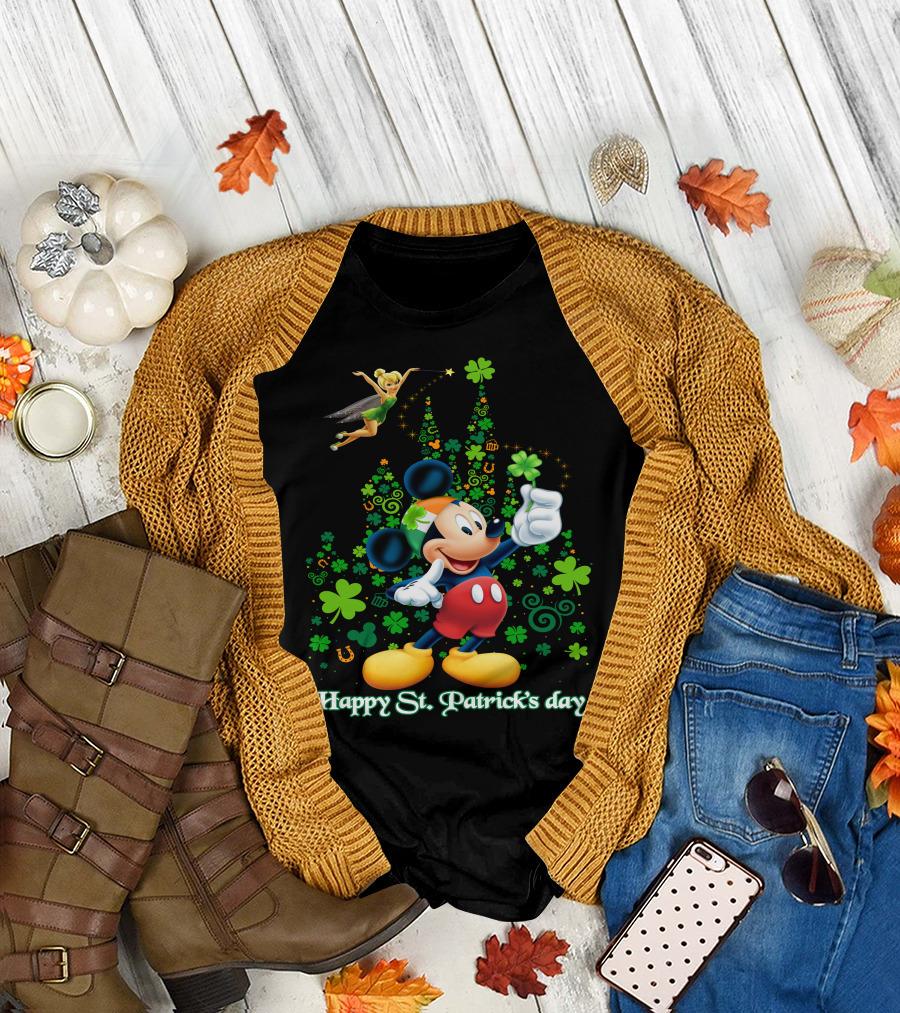 Mickey Happy St. Patrick's Day With Tinker Bell And Shamrocks T-Shirt