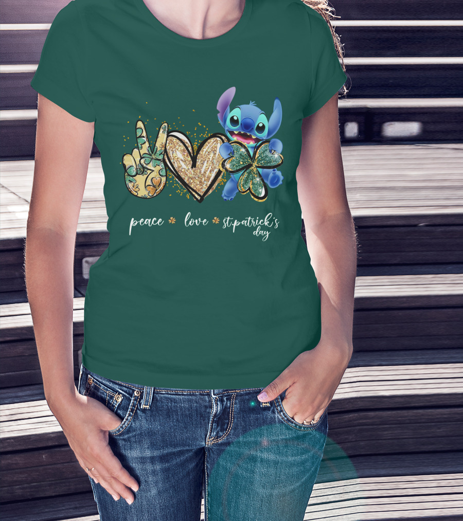 Peace Love St. Patrick's Day Stitch Shamrock Clover T-Shirt
