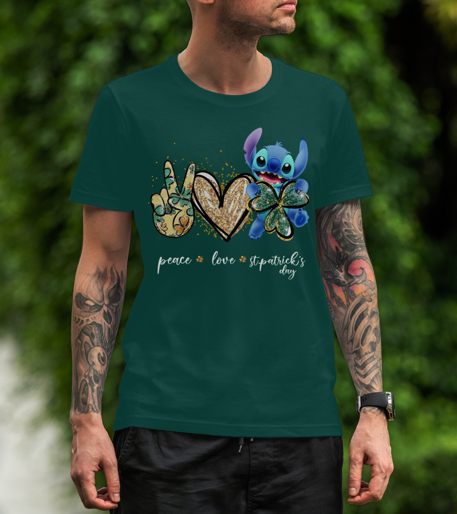 Peace Love St. Patrick's Day Stitch Shamrock Clover T-Shirt