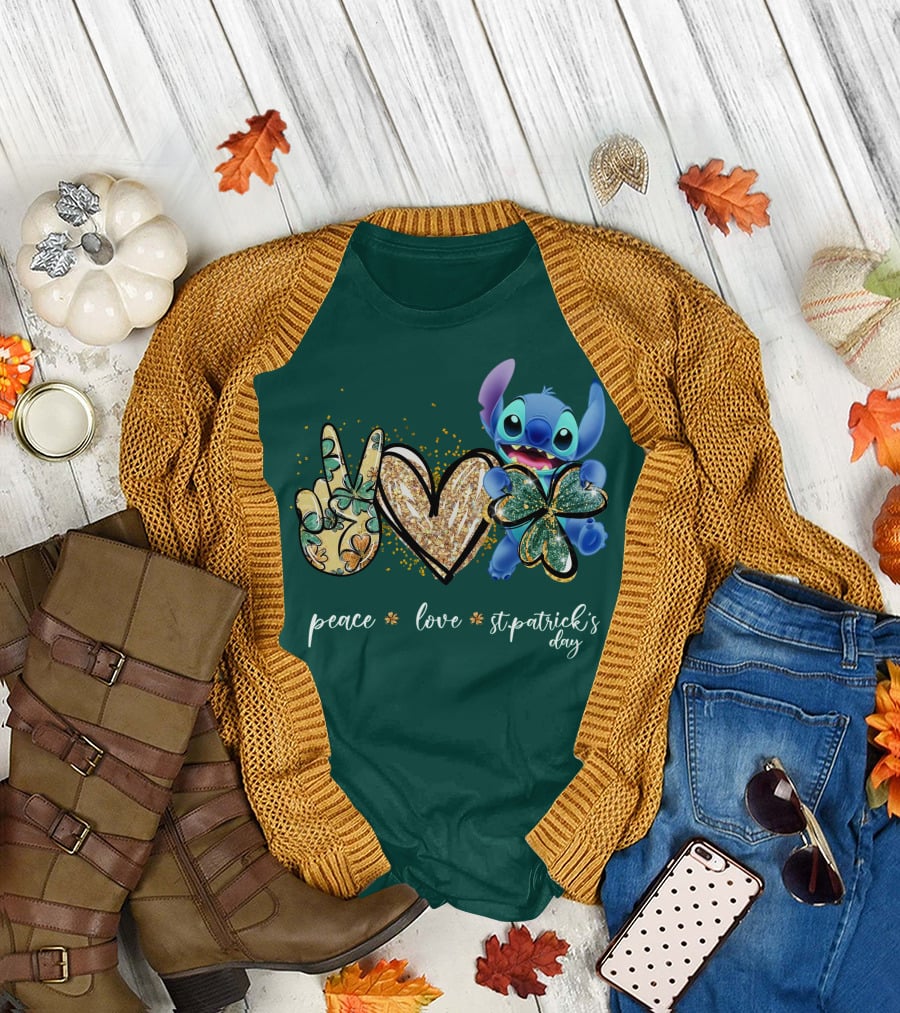 Peace Love St. Patrick's Day Stitch Shamrock Clover T-Shirt