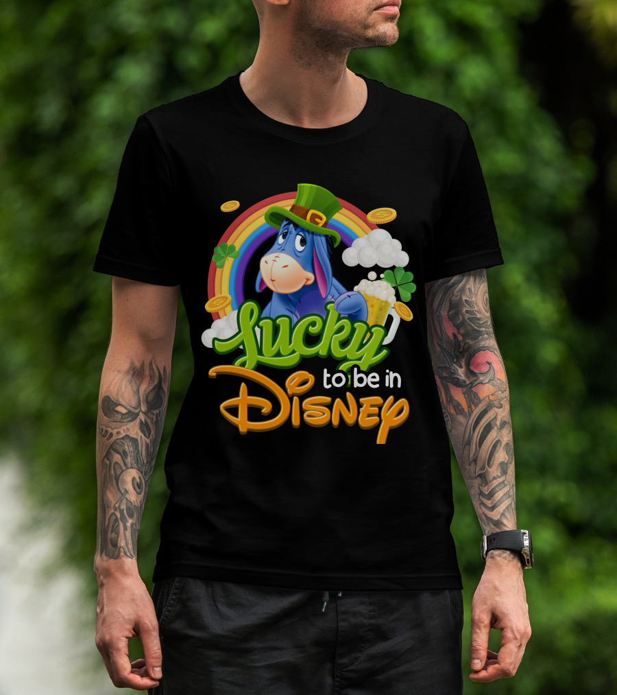 Eeyore Lucky To Be In Disney St. Patrick's Day Rainbow And Coins T-Shirt