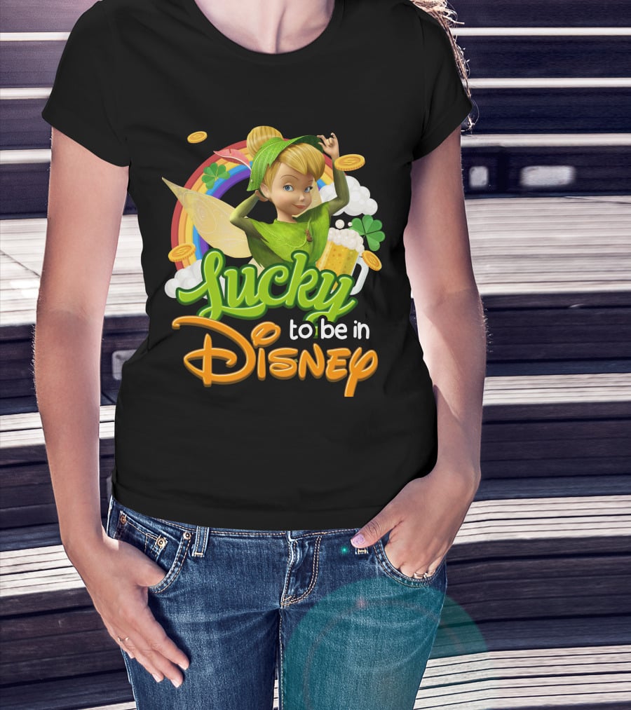 Lucky To Be In Disney Tinkerbell Rainbow Coins Shamrock T-Shirt