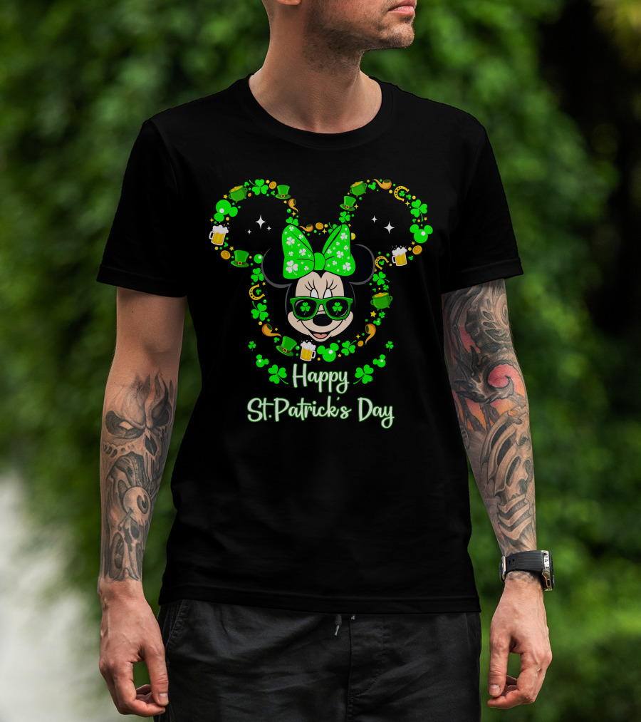 Happy St. Patrick's Day Minnie Mouse With Green Shamrocks And Accessories T-Shirt