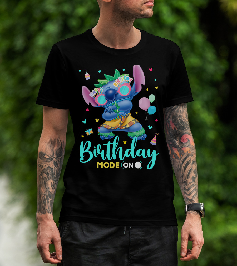 Stitch Birthday Mode On With Balloons And Cupcake T-Shirt