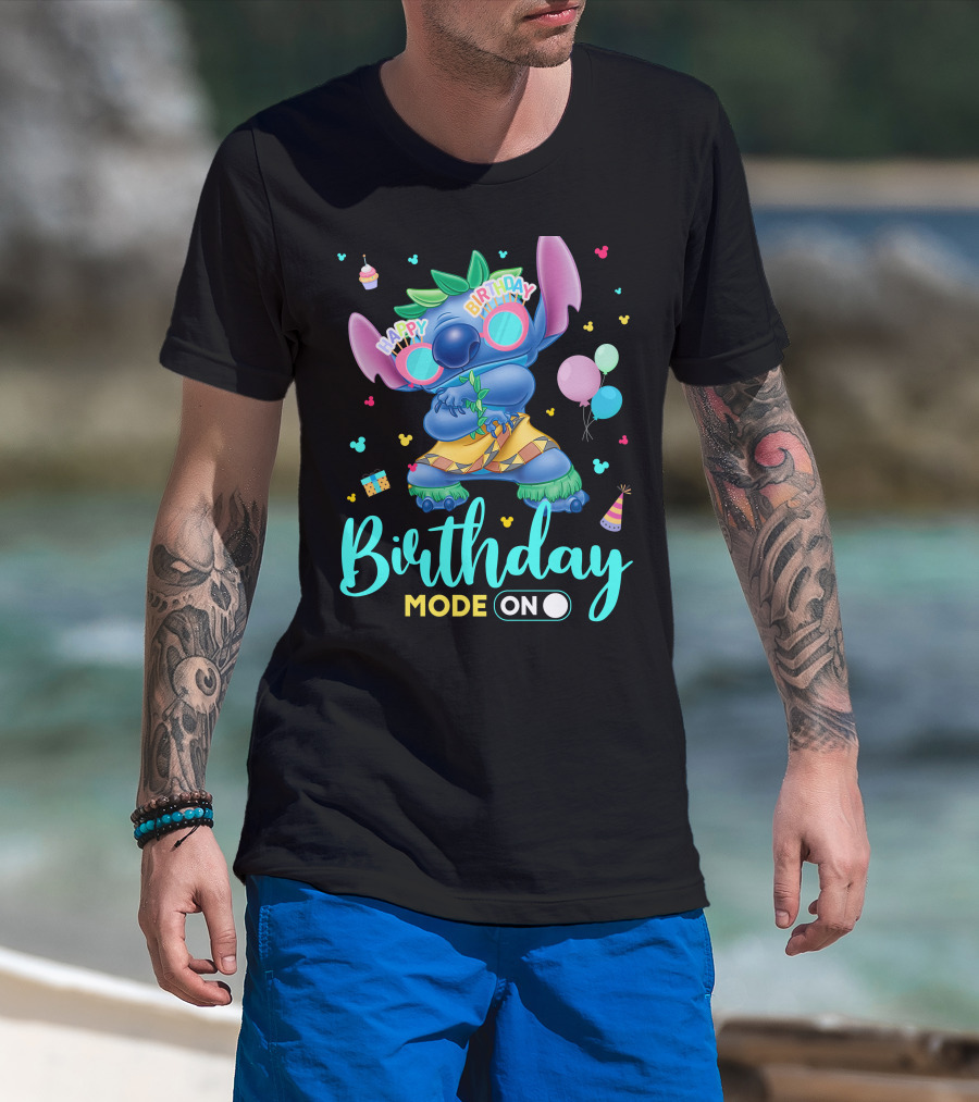 Stitch Birthday Mode On With Balloons And Cupcake T-Shirt