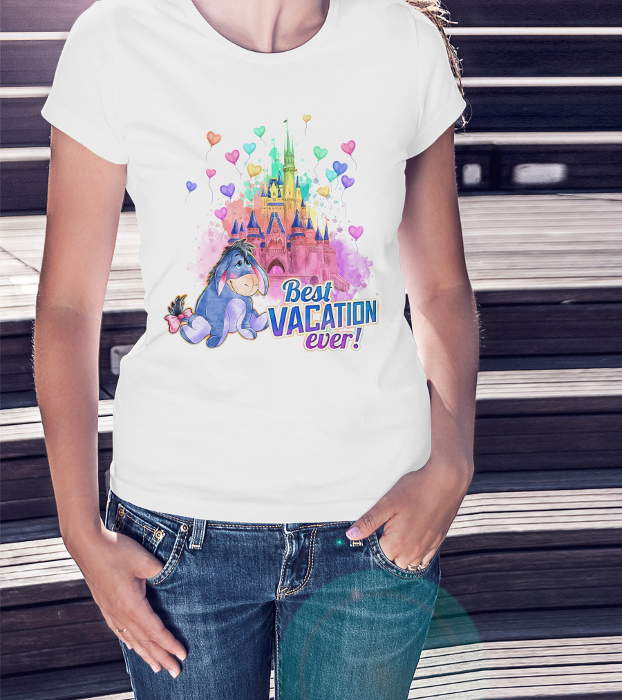Eeyore Best Vacation Ever Colorful Castle Hearts T-Shirt