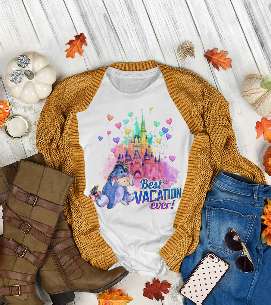 Eeyore Best Vacation Ever Colorful Castle Hearts T-Shirt