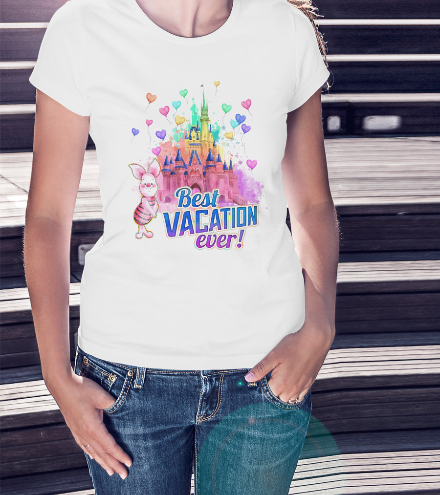 Piglet Best Vacation Ever Colorful Castle And Hearts T-Shirt