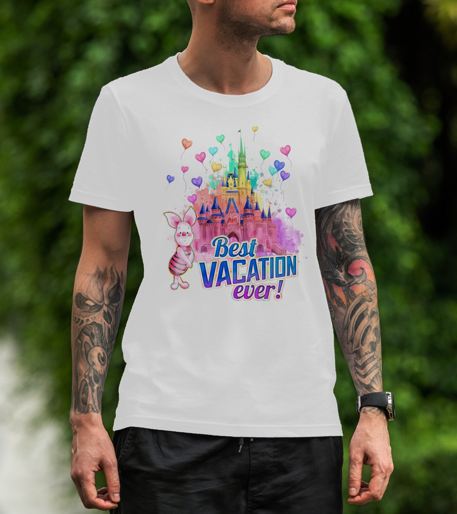 Piglet Best Vacation Ever Colorful Castle And Hearts T-Shirt