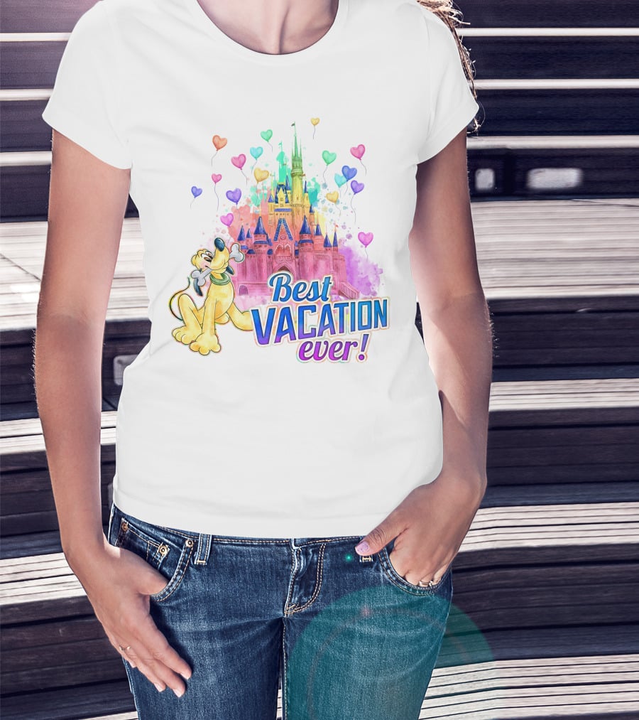 Best Vacation Ever Pluto With Colorful Castle And Heart Balloons T-Shirt