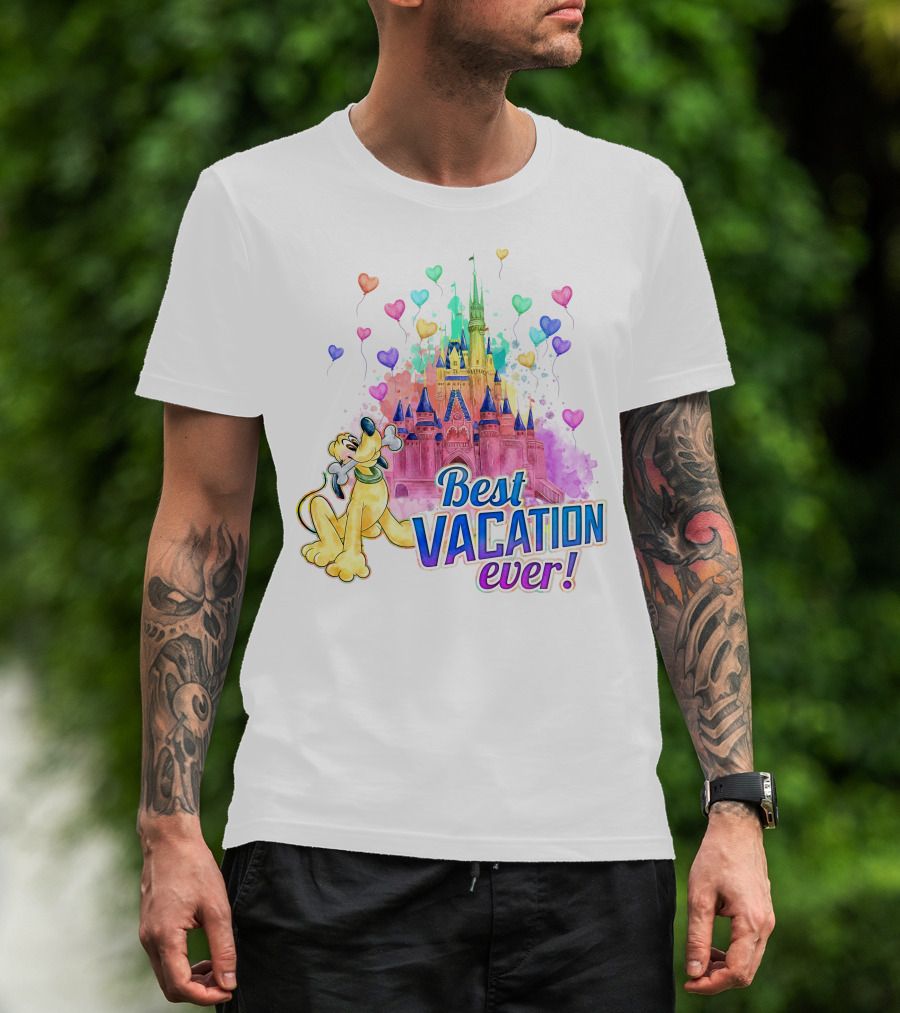 Best Vacation Ever Pluto With Colorful Castle And Heart Balloons T-Shirt