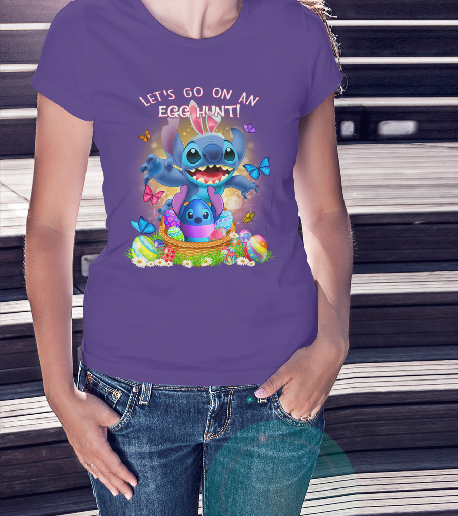 Let's Go On An Egg Hunt With Stitch Basket Of Eggs And Butterflies T-Shirt