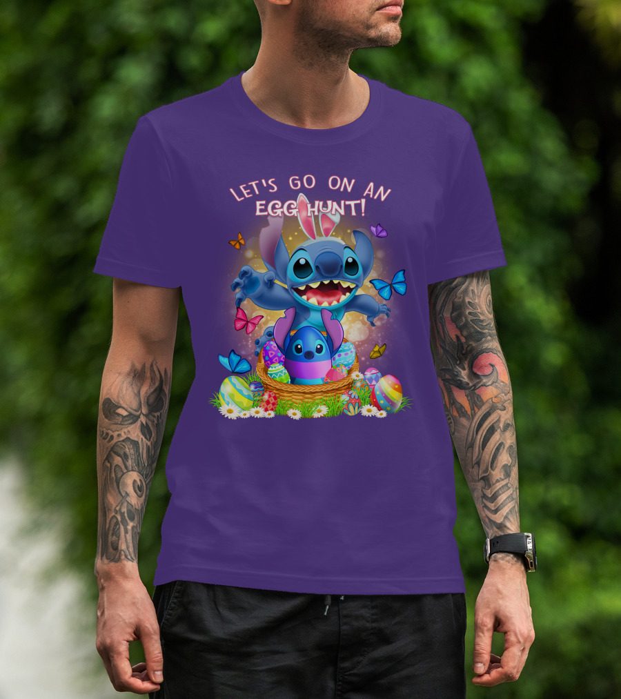 Let's Go On An Egg Hunt With Stitch Basket Of Eggs And Butterflies T-Shirt