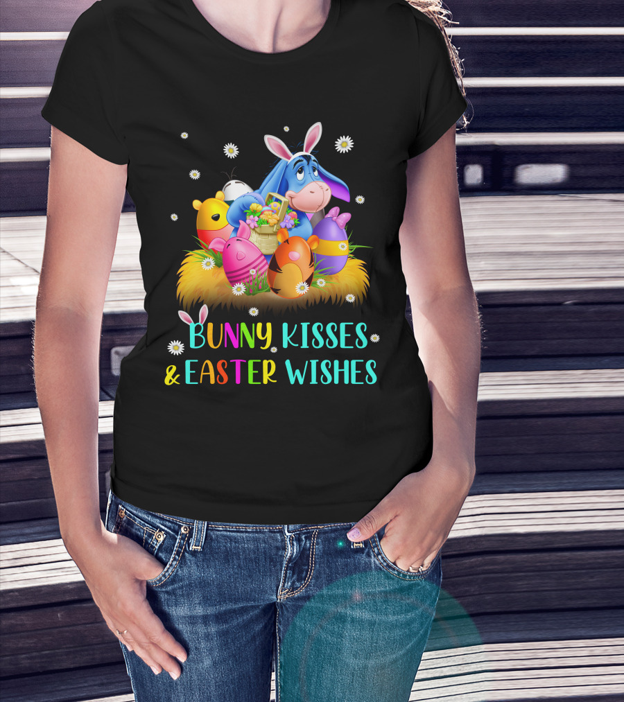 Bunny Kisses And Easter Wishes Eeyore Colorful Eggs Basket T-Shirt