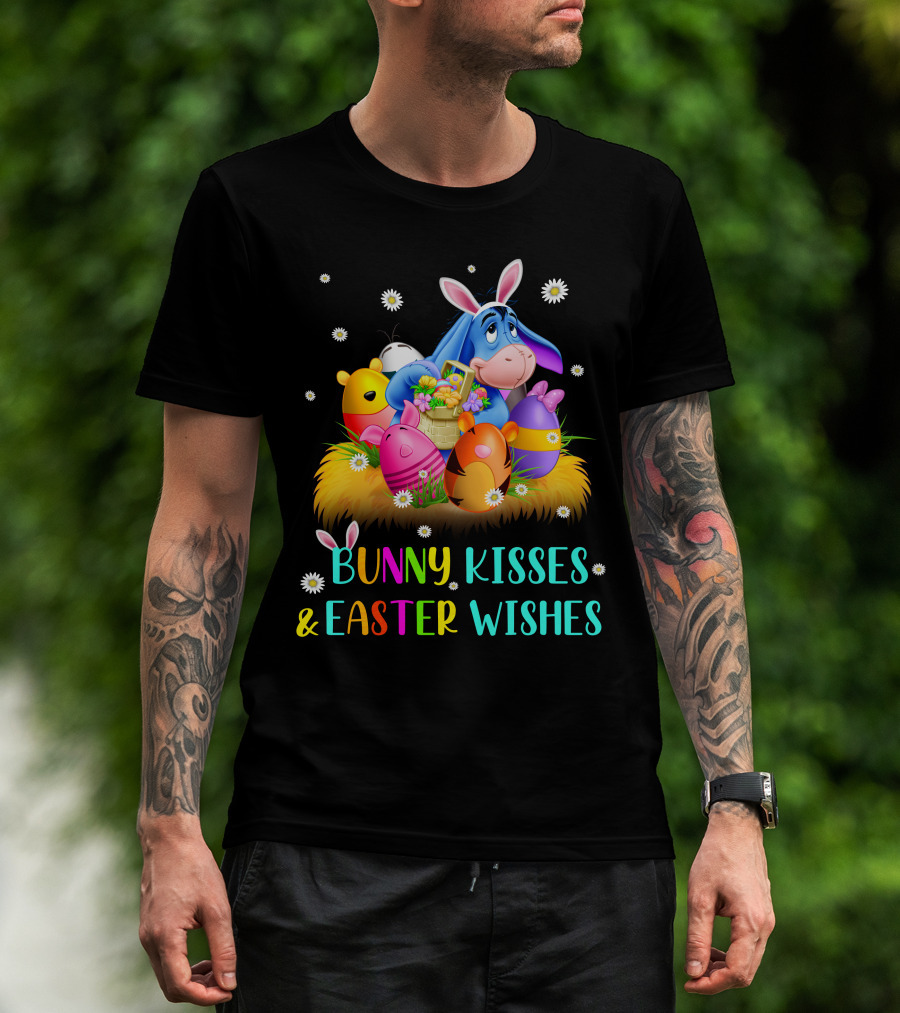 Bunny Kisses And Easter Wishes Eeyore Colorful Eggs Basket T-Shirt