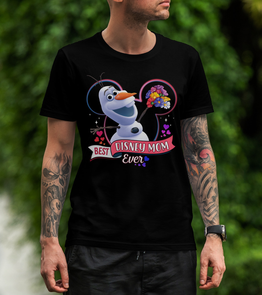 Best Disney Mom Ever Olaf Holding Flowers In Front Of Mickey Mouse Outline T-Shirt