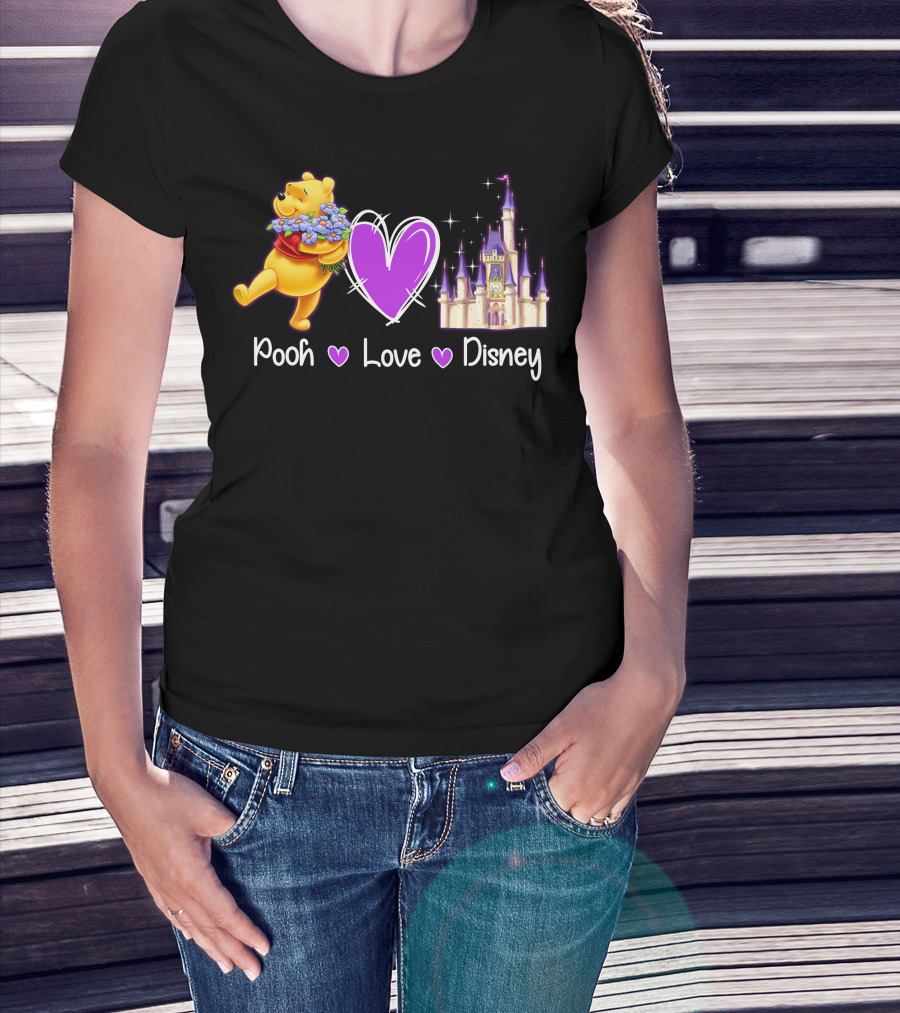 Pooh Love Disney With Purple Heart And Castle T-Shirt