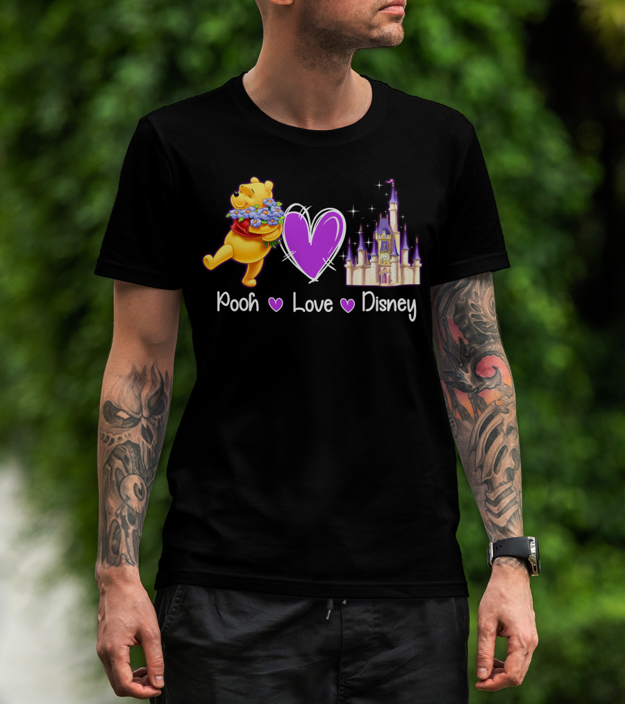 Pooh Love Disney With Purple Heart And Castle T-Shirt