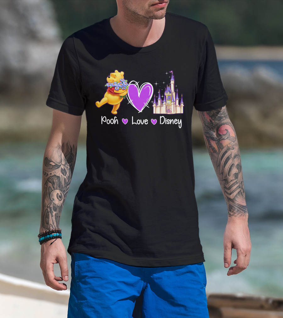 Pooh Love Disney With Purple Heart And Castle T-Shirt