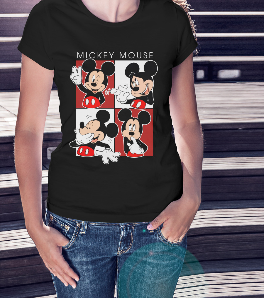 Mickey Mouse Expressive Poses Red And White Comic Panel T-Shirt
