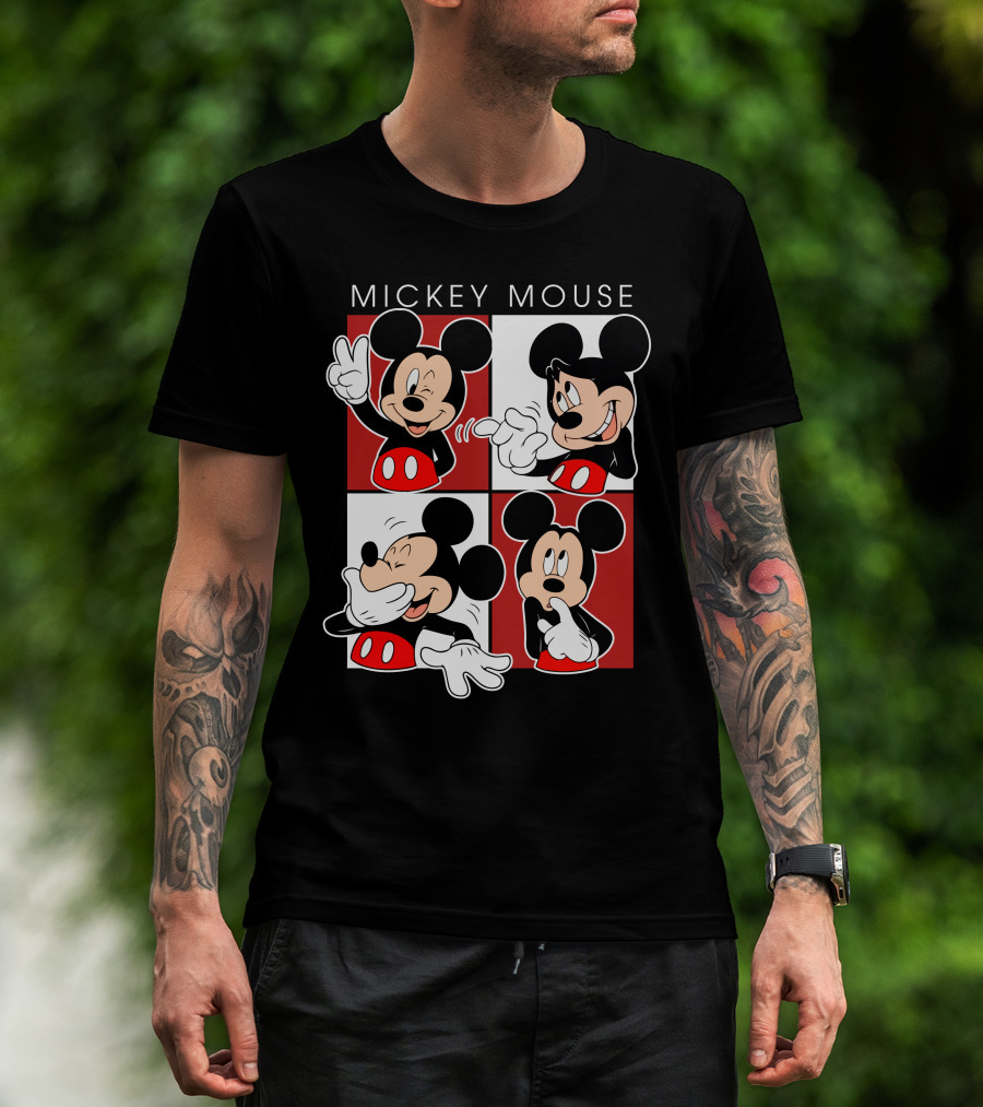 Mickey Mouse Expressive Poses Red And White Comic Panel T-Shirt