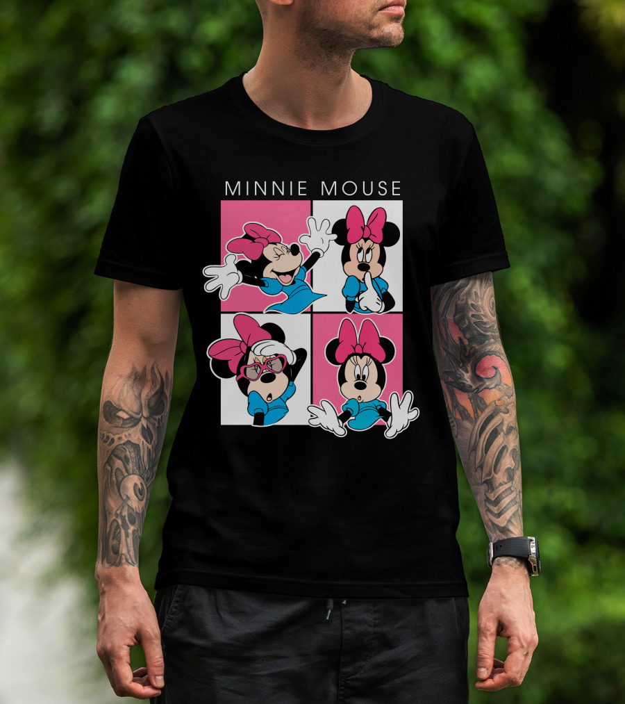 Minnie Mouse Expressive Poses In Blue Dress And Pink Bows T-Shirt