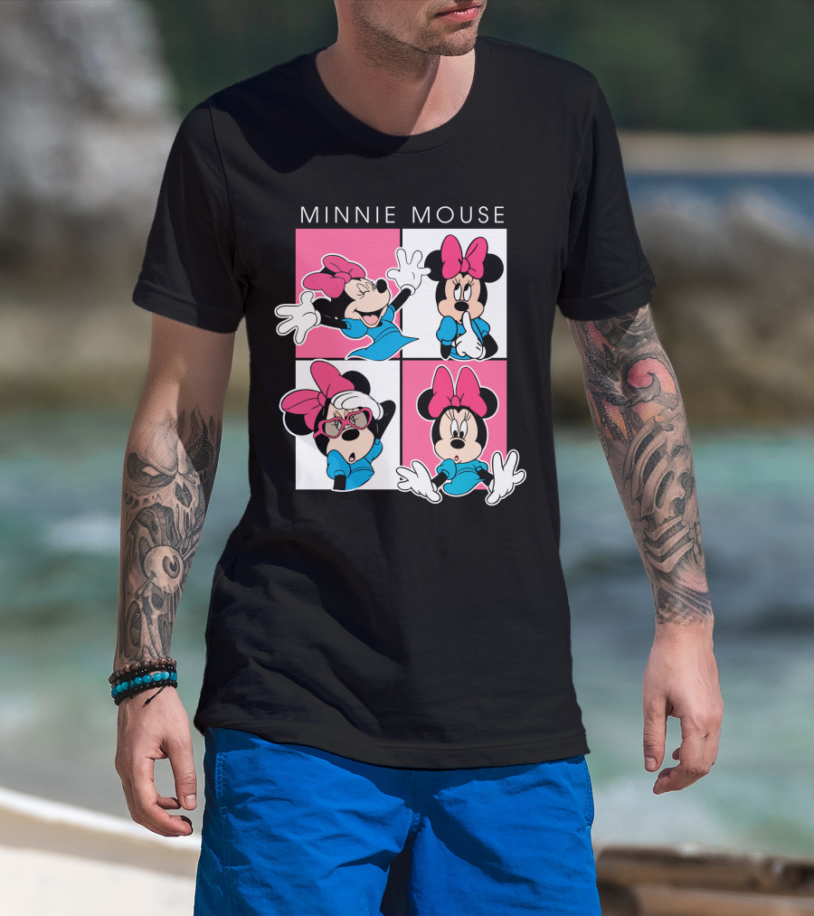 Minnie Mouse Expressive Poses In Blue Dress And Pink Bows T-Shirt