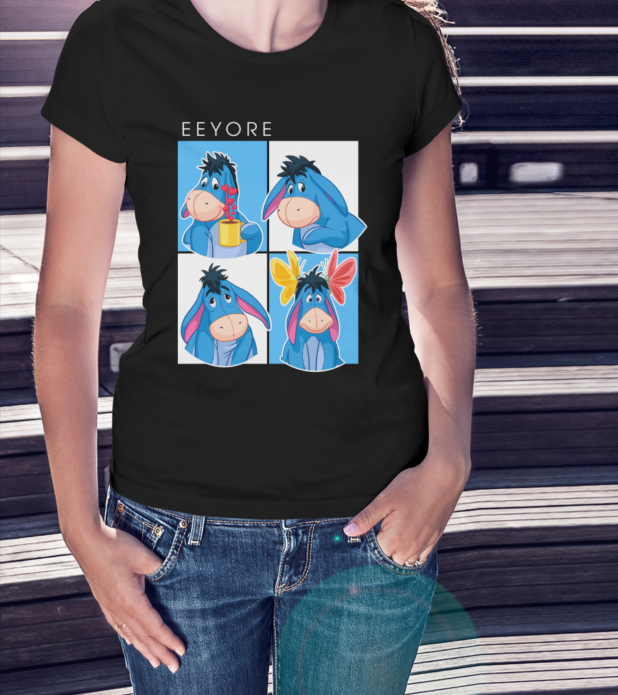 Eeyore Cartoon Expressions With Flowers And Mug T-Shirt
