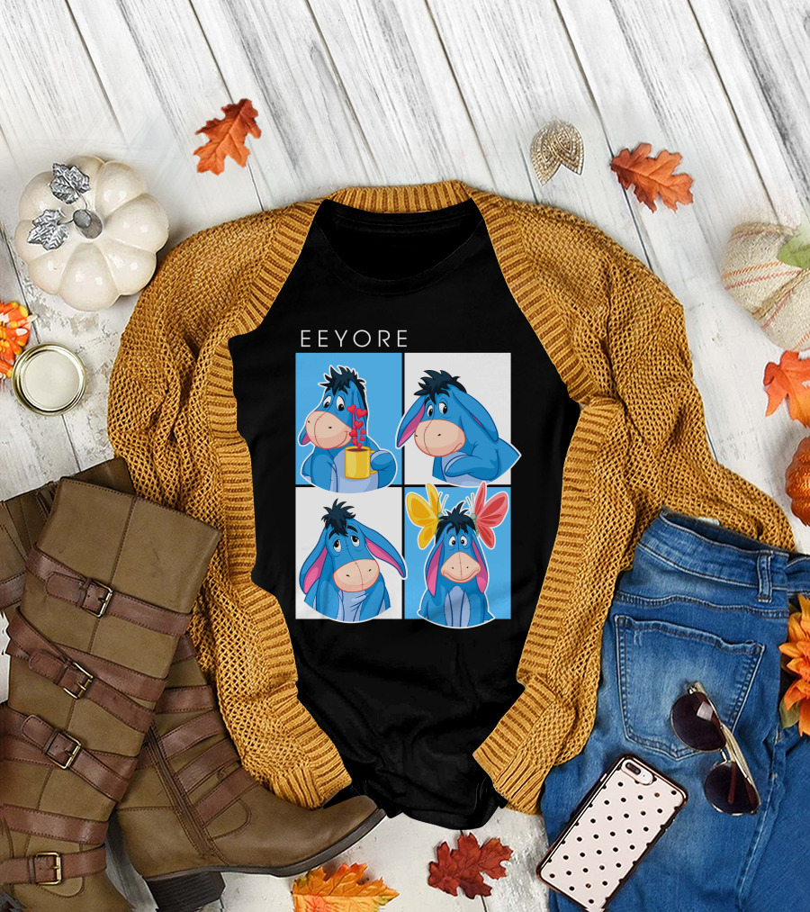 Eeyore Cartoon Expressions With Flowers And Mug T-Shirt