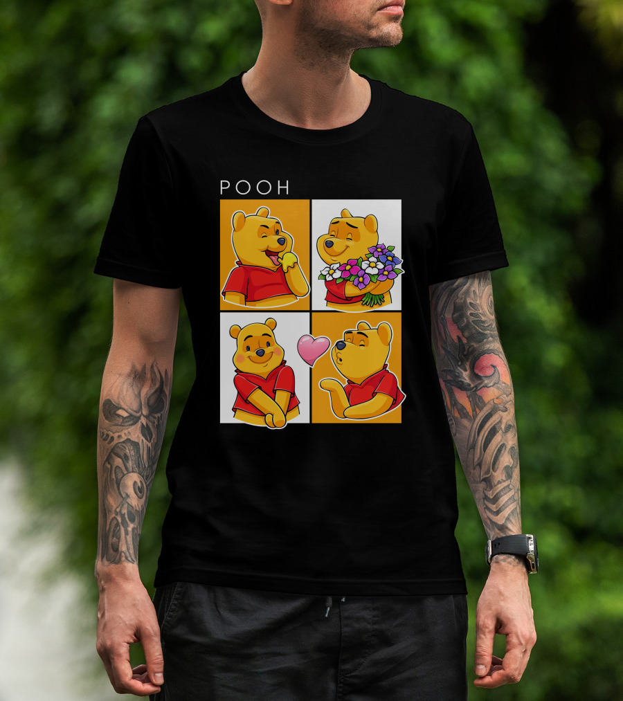 Pooh Cute Expressions And Flowers With Heart T-Shirt