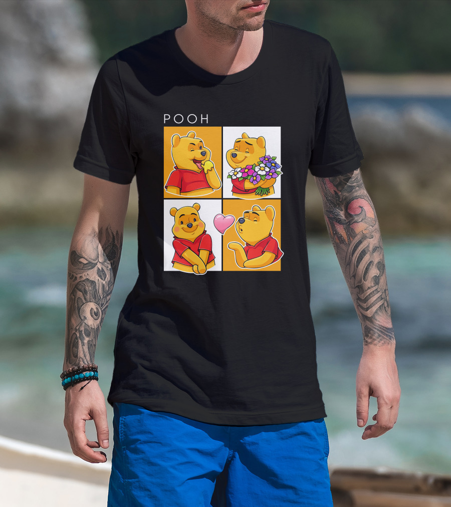 Pooh Cute Expressions And Flowers With Heart T-Shirt