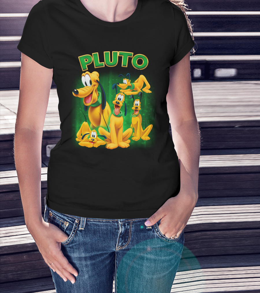 Pluto Classic Disney Character With Multiple Expressions On Green T-Shirt