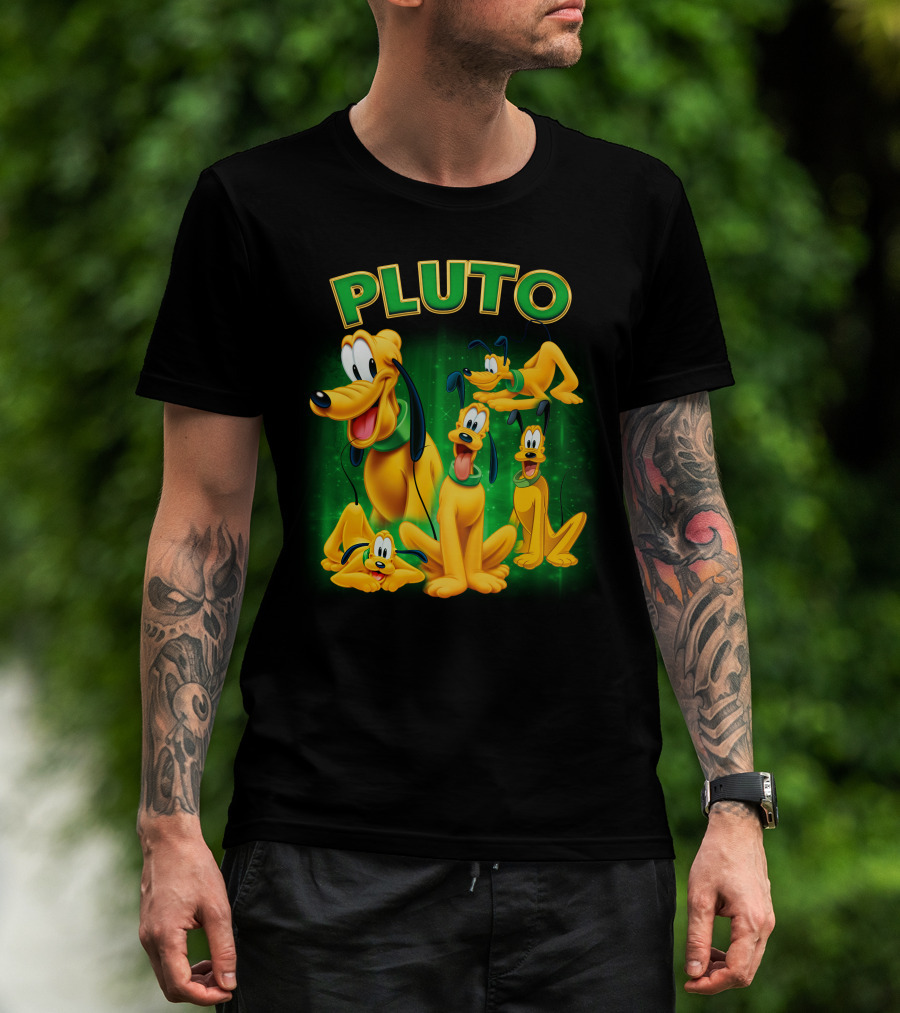 Pluto Classic Disney Character With Multiple Expressions On Green T-Shirt