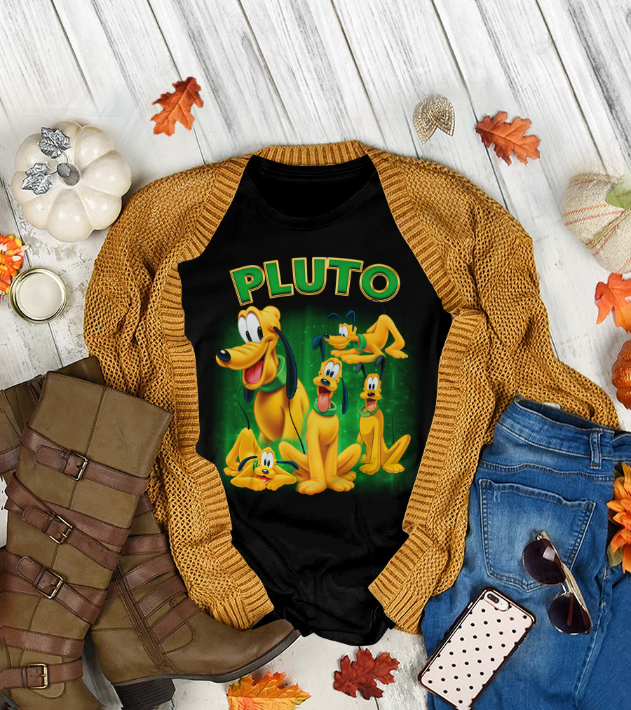 Pluto Classic Disney Character With Multiple Expressions On Green T-Shirt